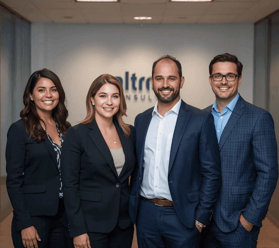 Four professionals, two women on the left, two men on the right look straight to the camera, looking confident. They are at an office environment.