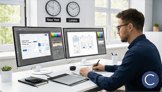 Product designer in front of two screens with the New York and London time zones on the wall